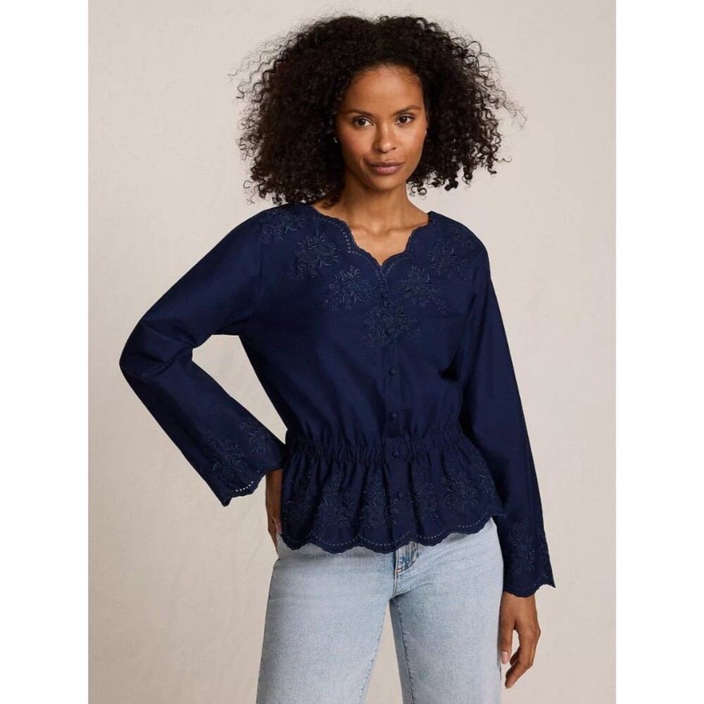 Lands' End Women's Embroidered Poplin Long Sleeve Blouse Deep Sea Navy Size XL